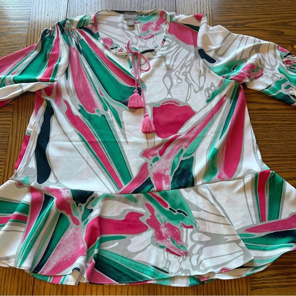 Chico's Pink/Green/White 3/4 Length Sleeve Flowing Ruffle Blouse Size 1(M) - Picture 10 of 12